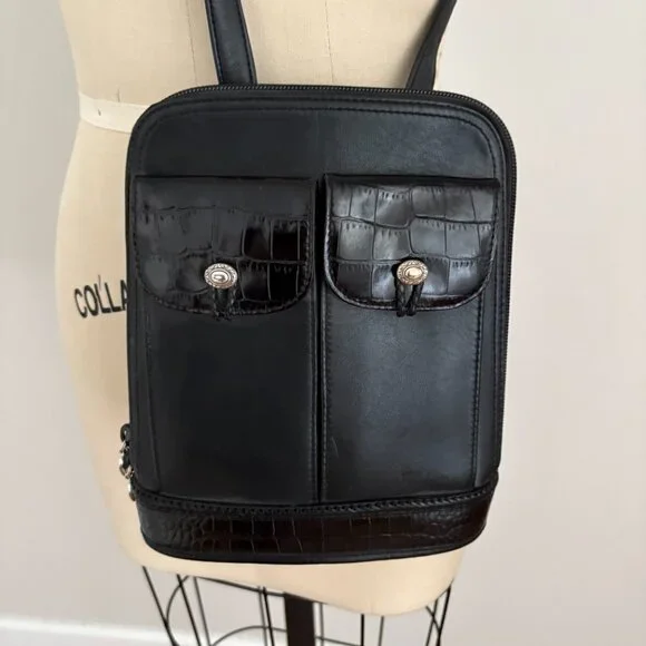 One World By Brighton Shoulder Bag Black Crossbody Croc Embossed Trim - Picture 2 of 12